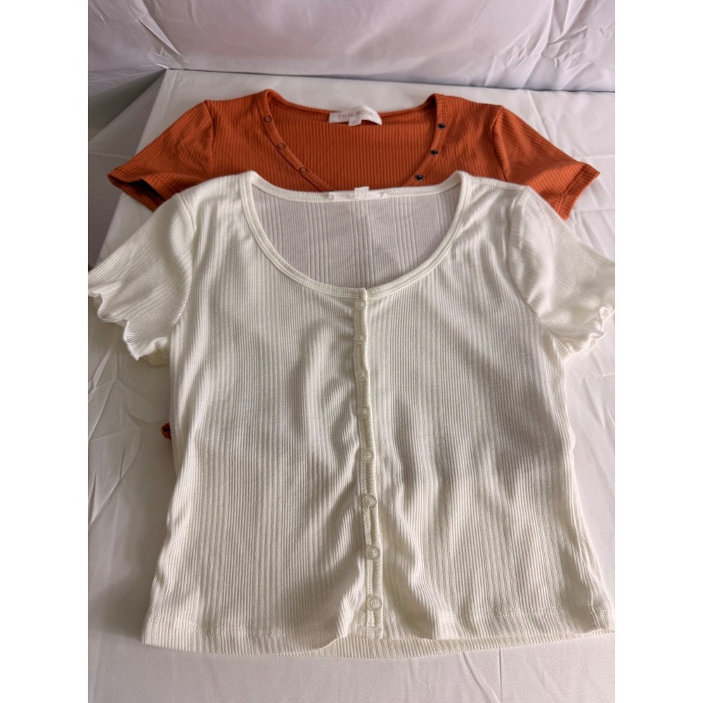 Pink Rose Ribbed Short Sleeve Tops S Orange White Button Detail Lettuce Trim 2Pk